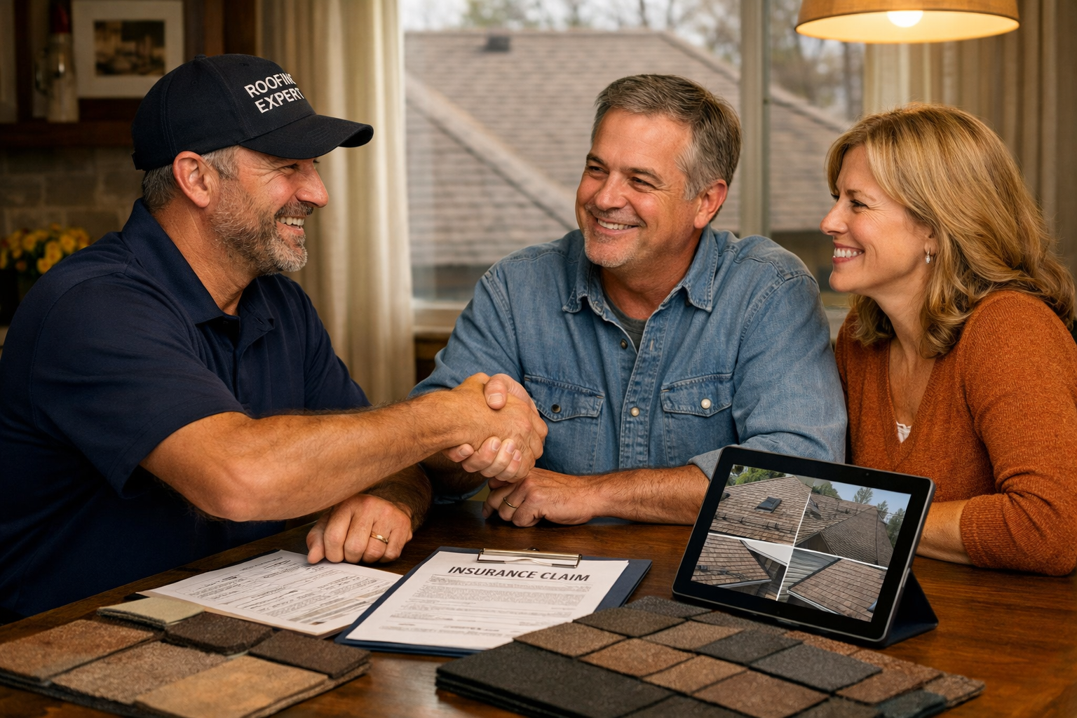 Professional roofing consultation scene showing experienced contractor meeting with Waco homeowners at kitchen table, insurance paperwork an