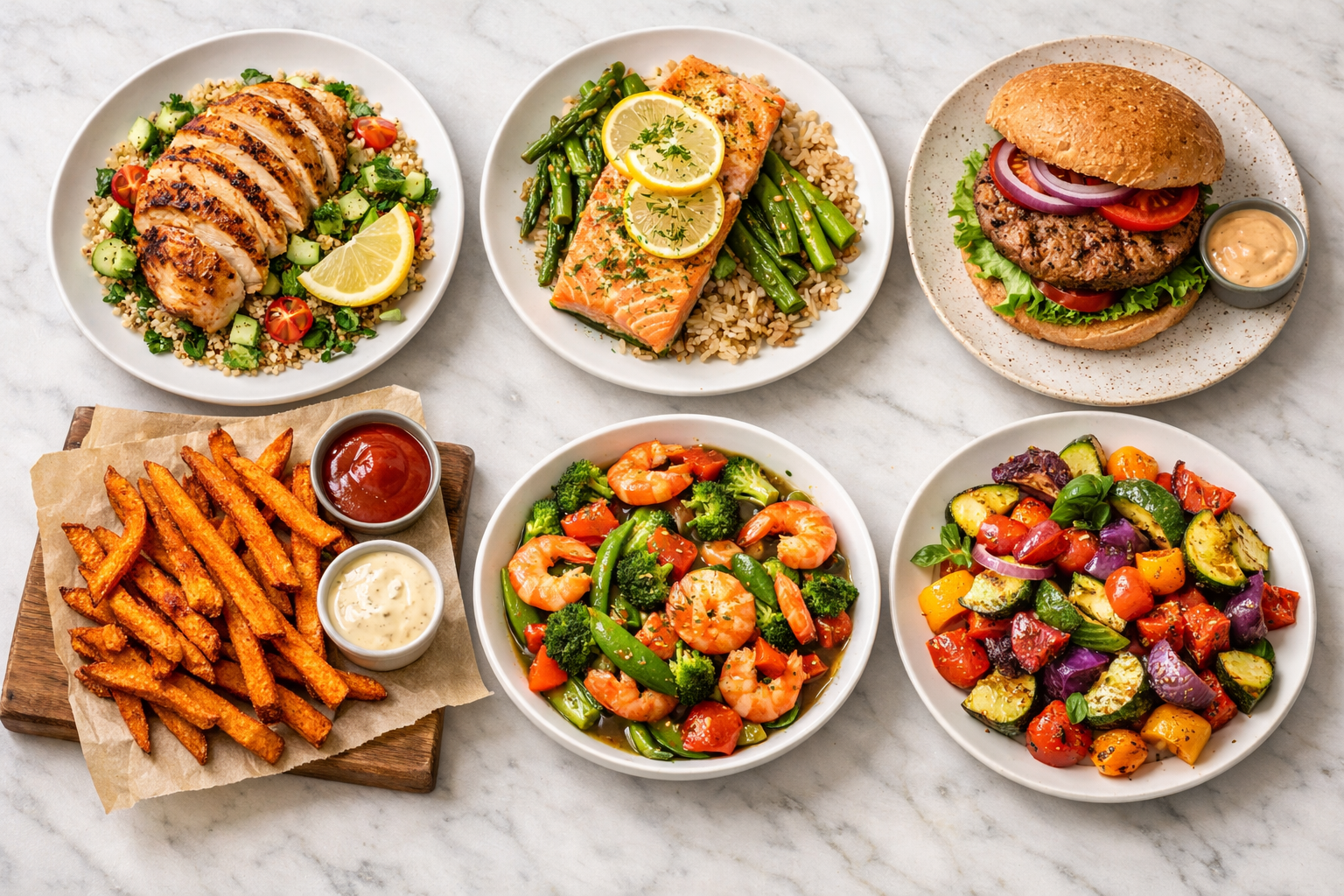Professional food photography flat lay of six healthy meals arranged on a clean white marble surface: grilled chicken, baked