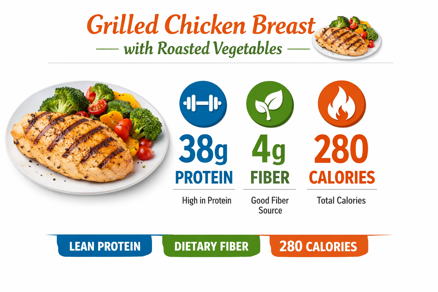 Infographic showing macronutrient breakdown of grilled chicken breast with roasted vegetables: protein grams, fiber content,