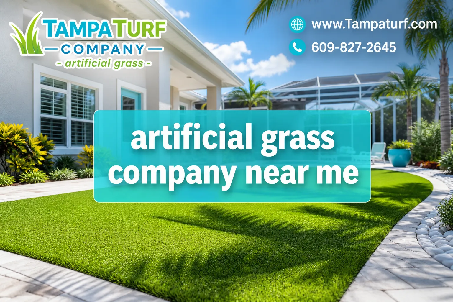 Professional () editorial hero image with SHORT : 'artificial grass company near me' in crisp white on a semi-transparent