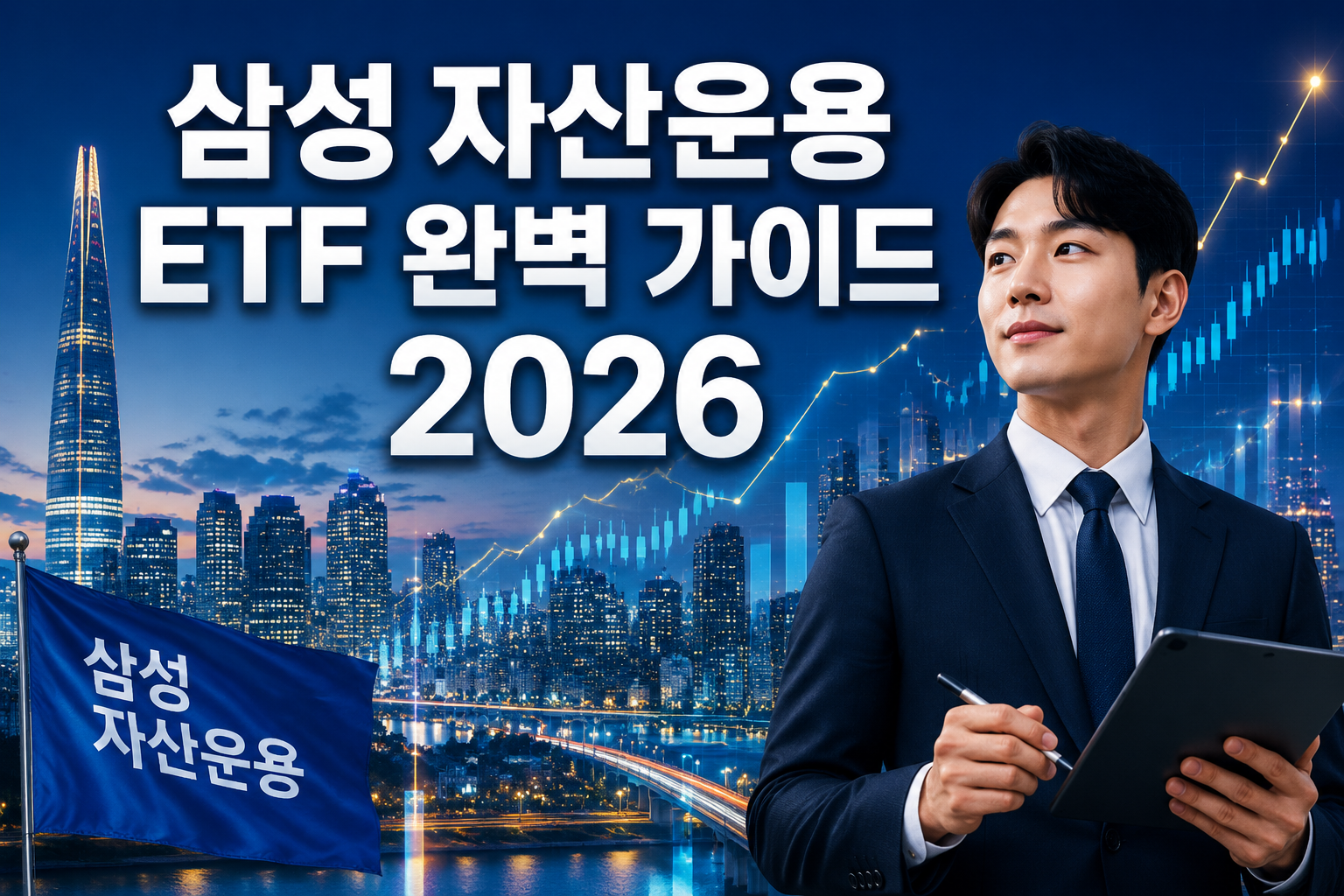 Professional () hero image with Korean '삼성 자산운용 ETF 완벽 가이드 2026' in extra large white with dark drop , centered upper third.