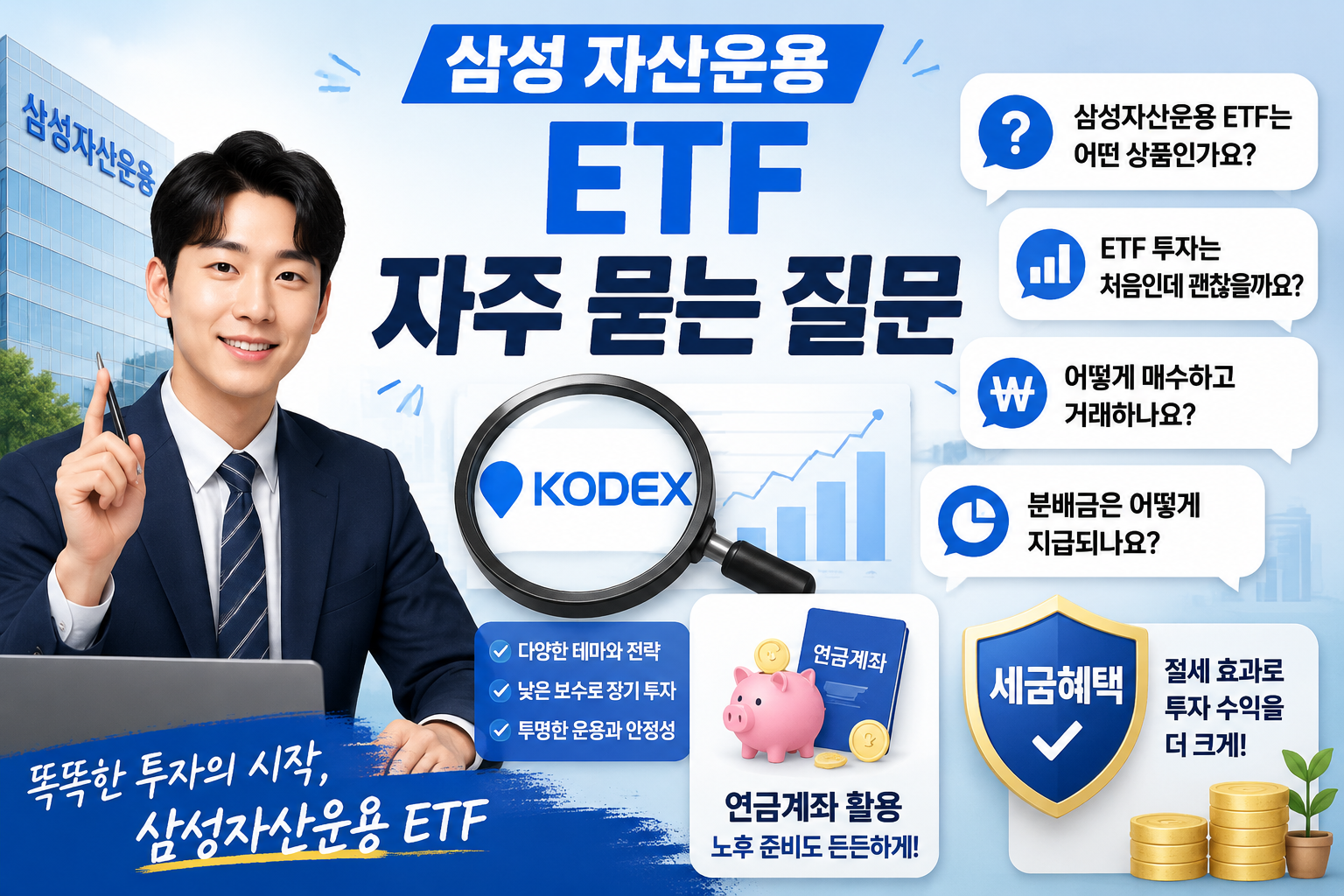 FAQ-style landscape image () with Korean title '삼성 자산운용 ETF 자주 묻는 질문', featuring speech bubble icons with Korean question