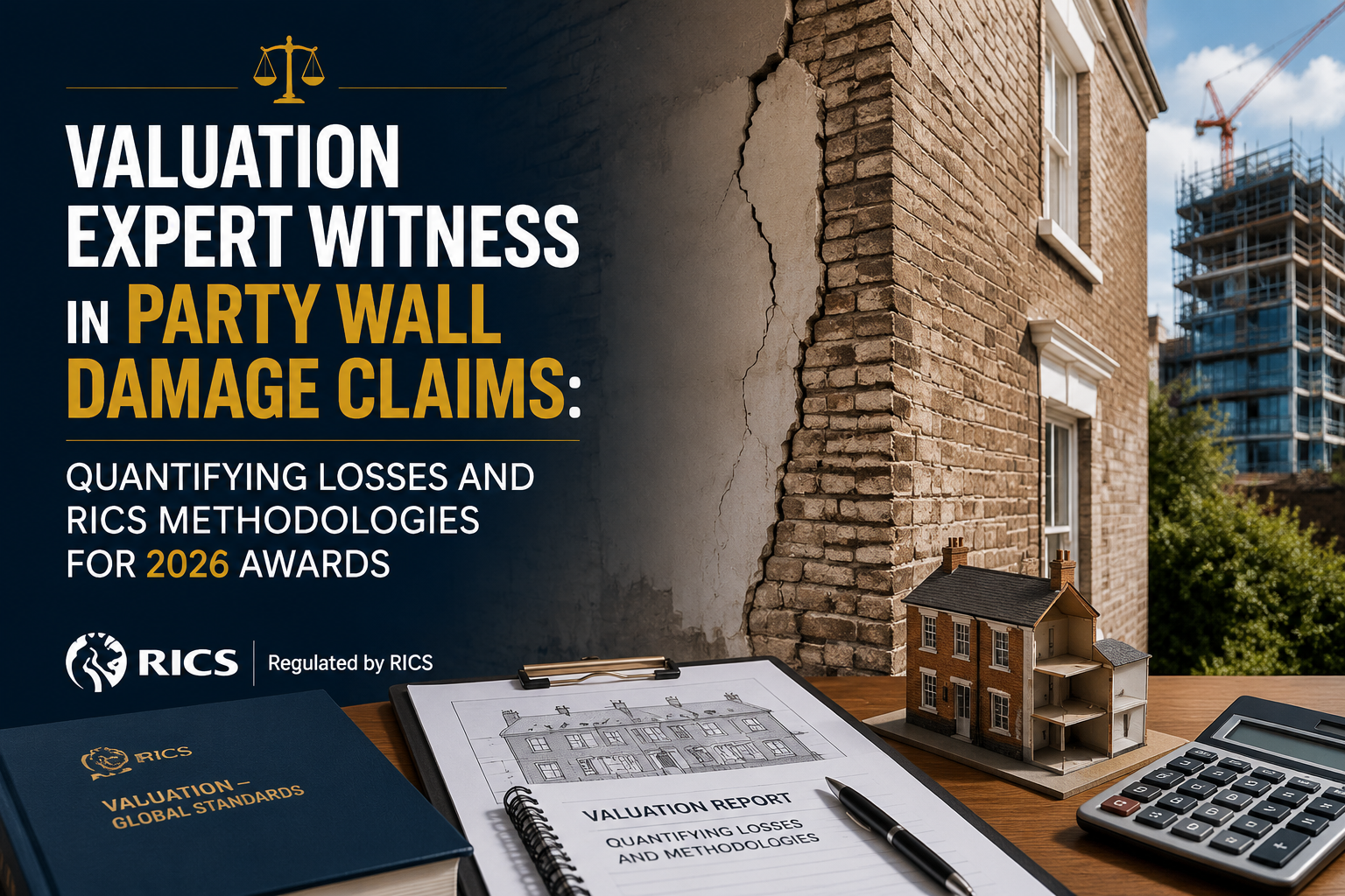 Professional landscape hero image () with : "Valuation Expert Witness in Party Wall Damage Claims: Quantifying Losses and