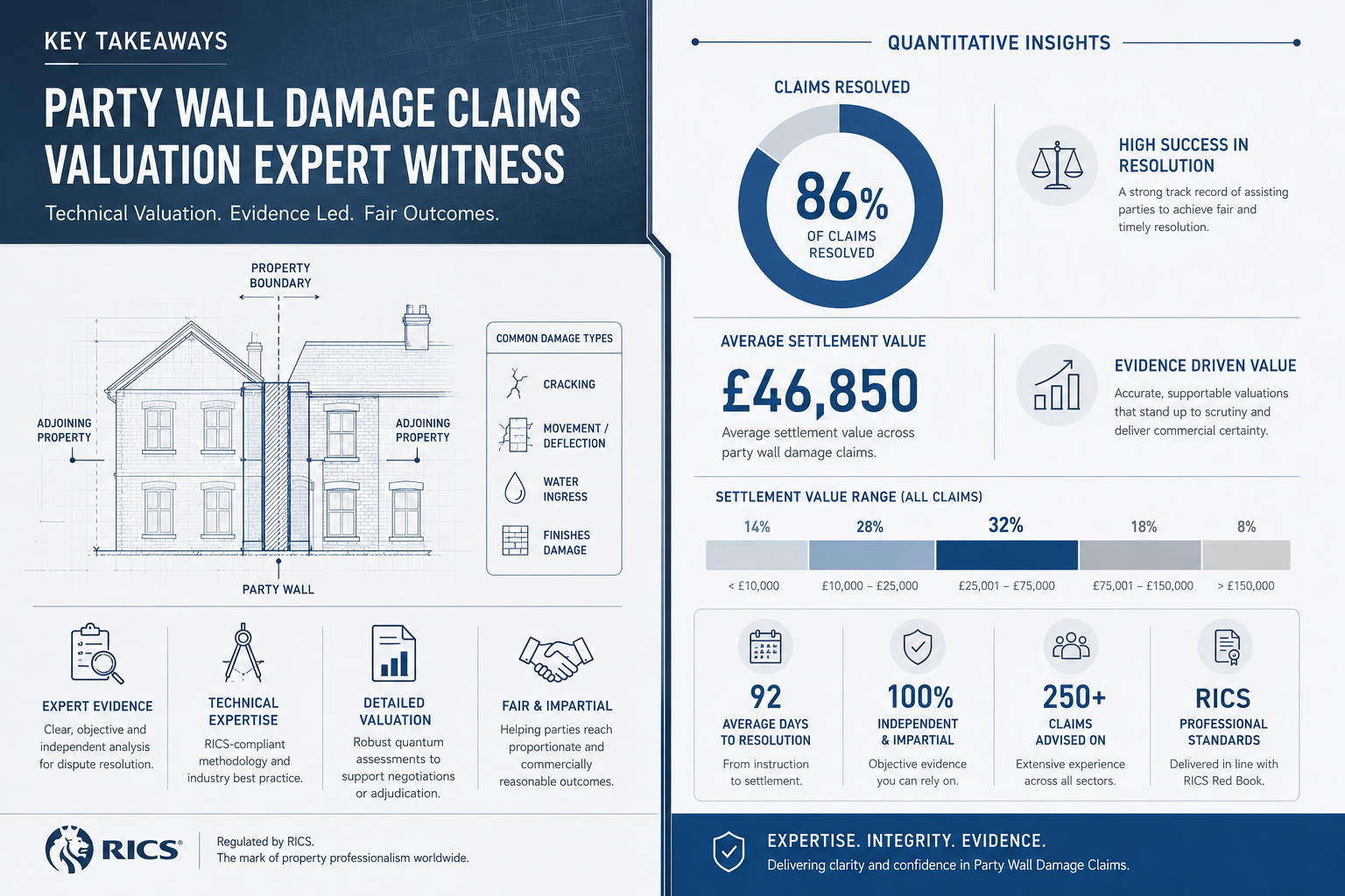 Key Takeaways infographic with professional design showcasing 'Party Wall Damage Claims Valuation Expert Witness' insights.