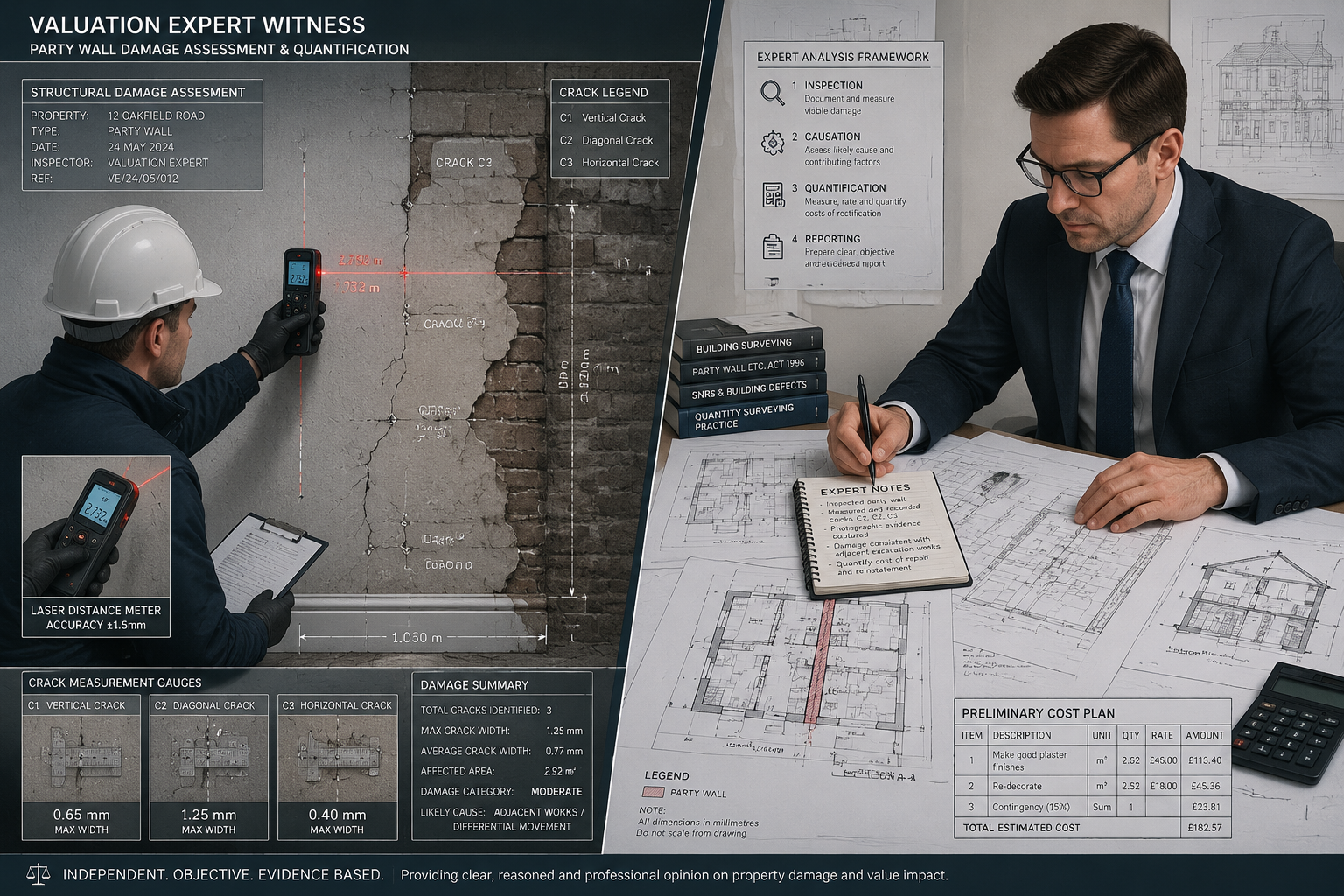 A Valuation Expert Witness analyzing party wall damage, featuring split-screen forensic investigation: left side showing
