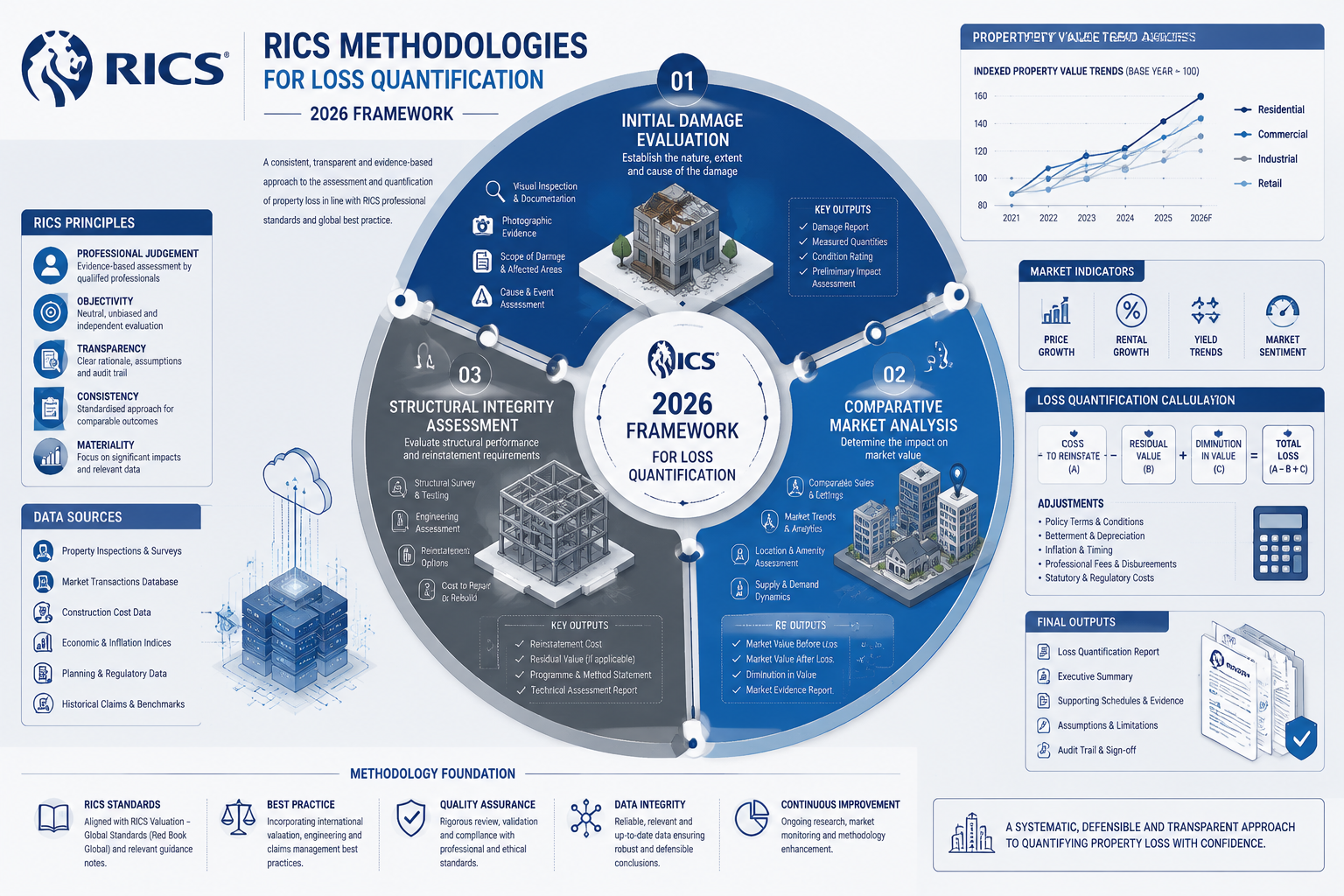 Comprehensive RICS Methodologies visualization with infographic design showing 2026 framework for loss quantification.