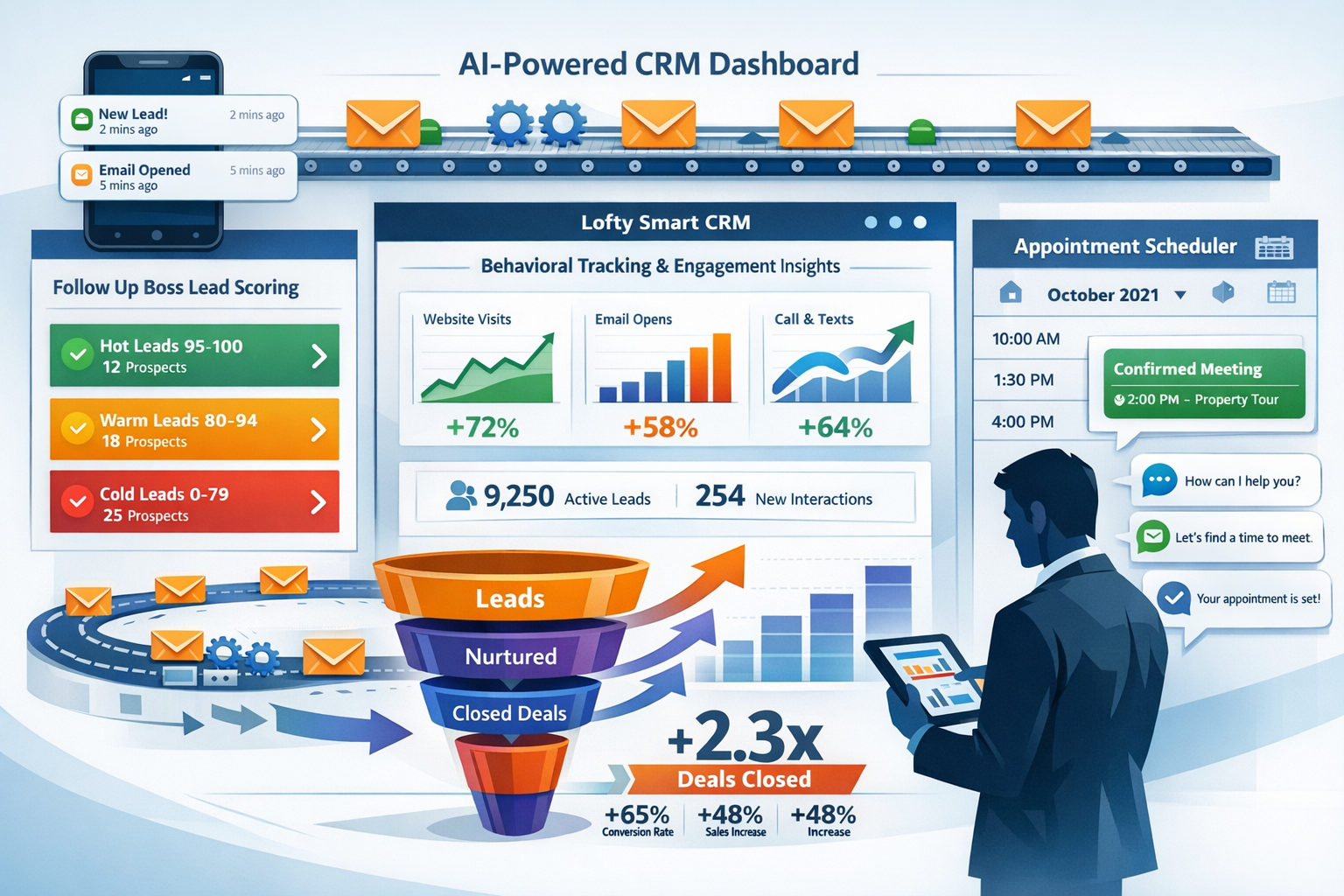 Landscape format (1536x1024) detailed infographic showing AI-powered CRM dashboard interface with multiple panels: left panel displays Follo