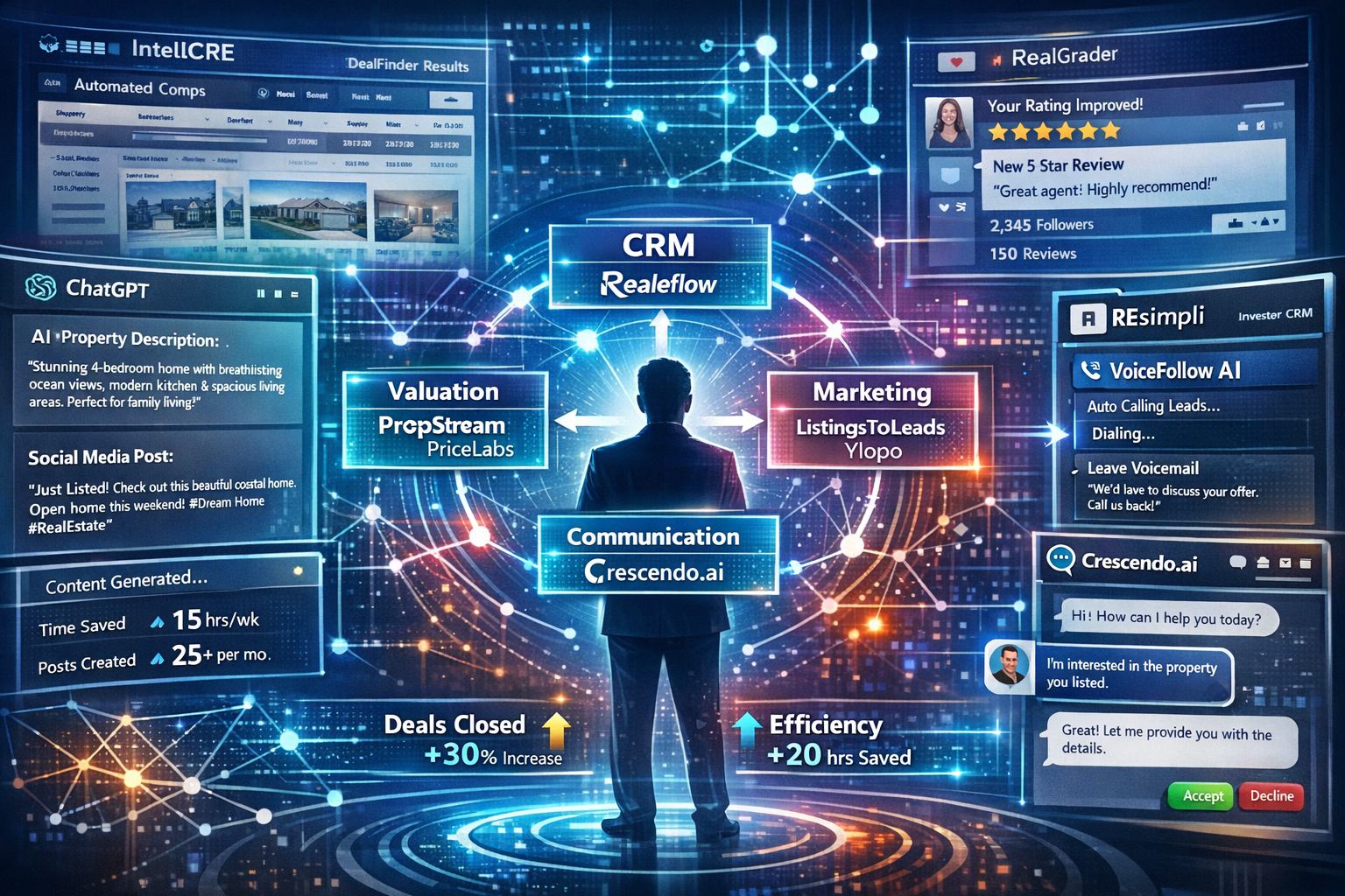 Landscape format (1536x1024) futuristic real estate technology ecosystem illustration showing interconnected AI tools workflow: center featu