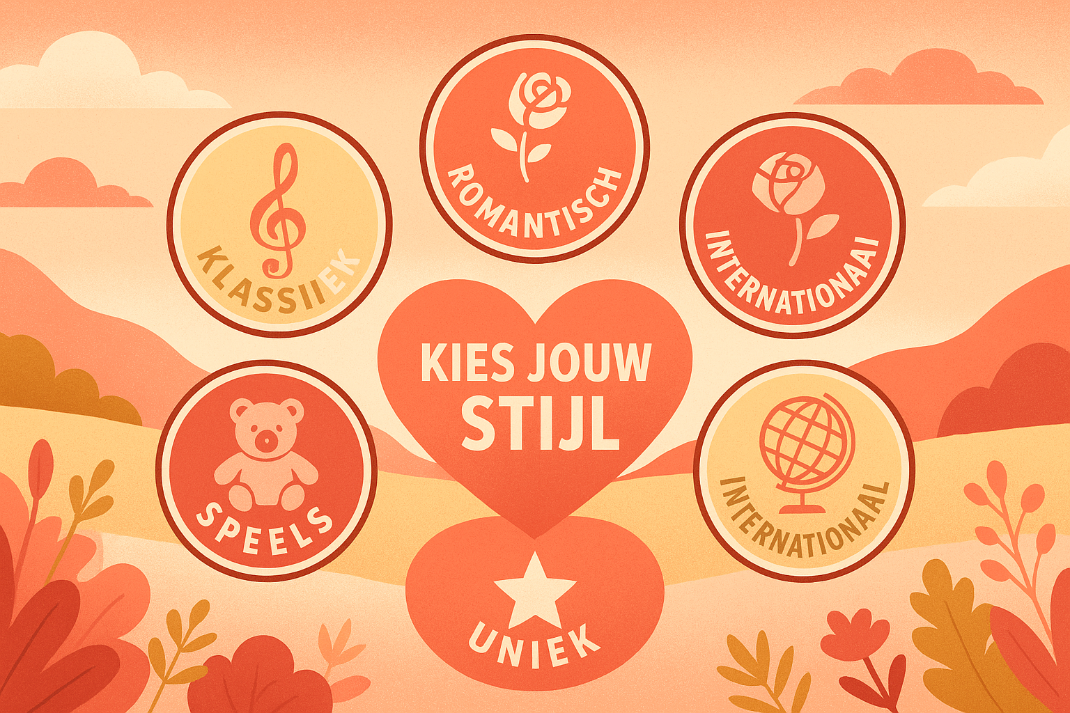 Detailed landscape illustration (1536x1024) showing colorful category badges arranged in circular pattern: 'Klassiek', 'Speels', 'Romantisch