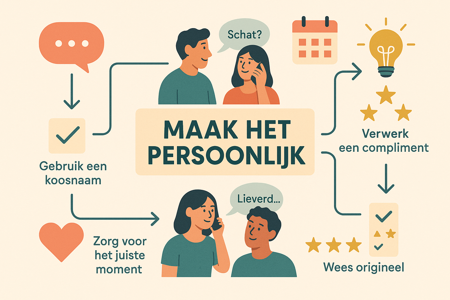 Modern landscape infographic (1536x1024) showing communication tips flowchart with icons: speech bubble, heart, calendar, lightbulb. Central