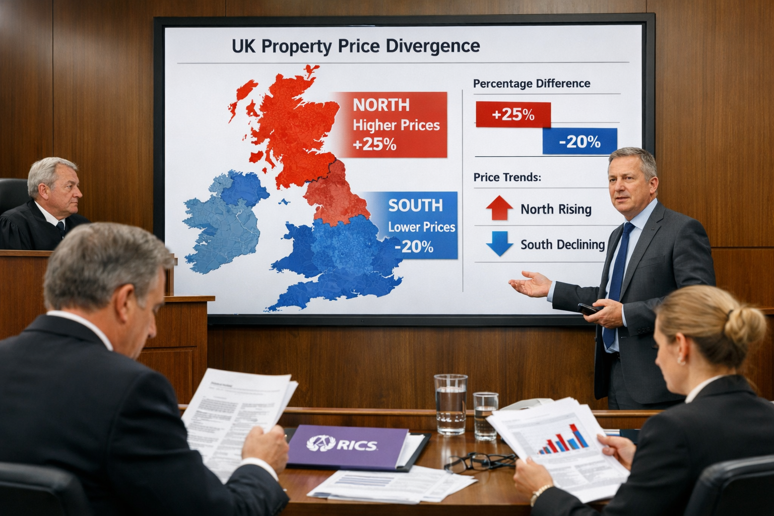 Detailed () editorial image showing professional courtroom scene with expert witness surveyor presenting regional property