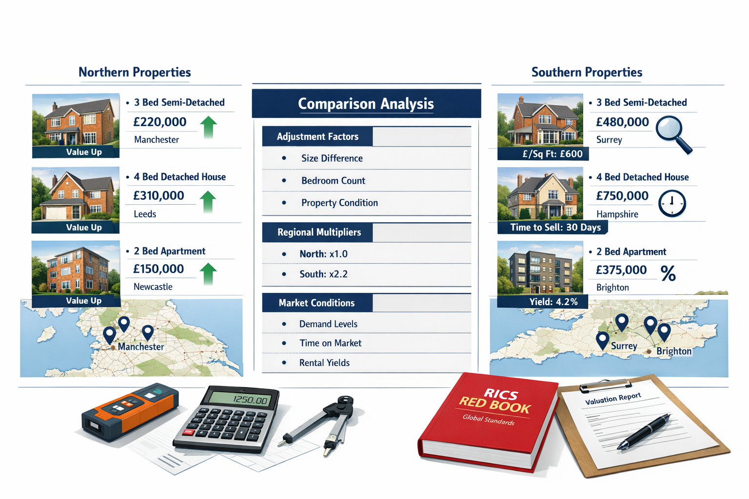 Detailed () infographic-style image featuring side-by-side property comparables analysis. Left panel shows three Northern