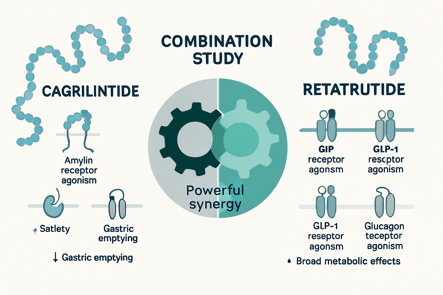 An intricate infographic (1536x1024) illustrating the distinct mechanisms of action for cagrilintide and retatrutide, with a central connect