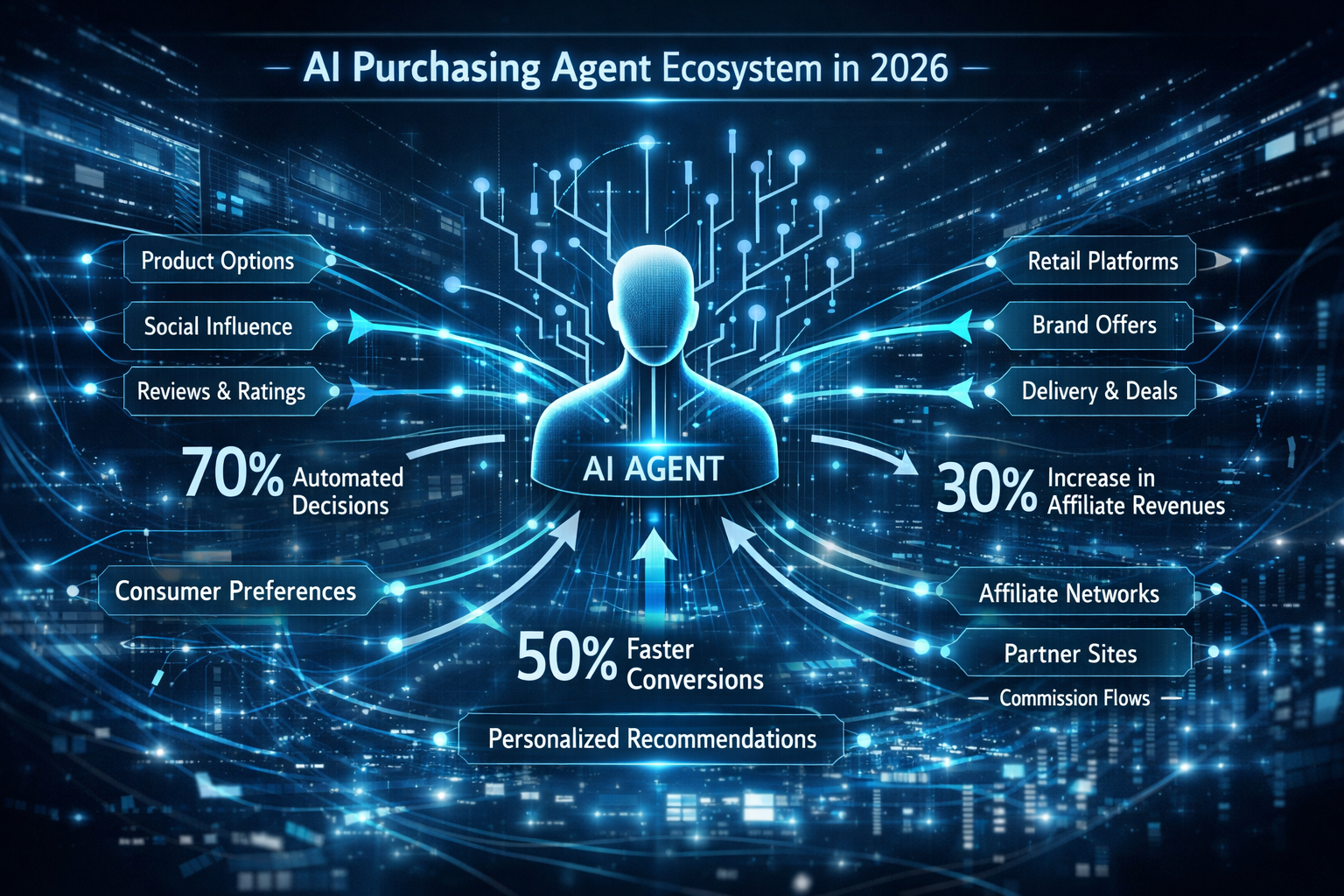 Key takeaways visualization depicting AI purchasing agent ecosystem in 2026, featuring a futuristic digital network diagram with interconnec