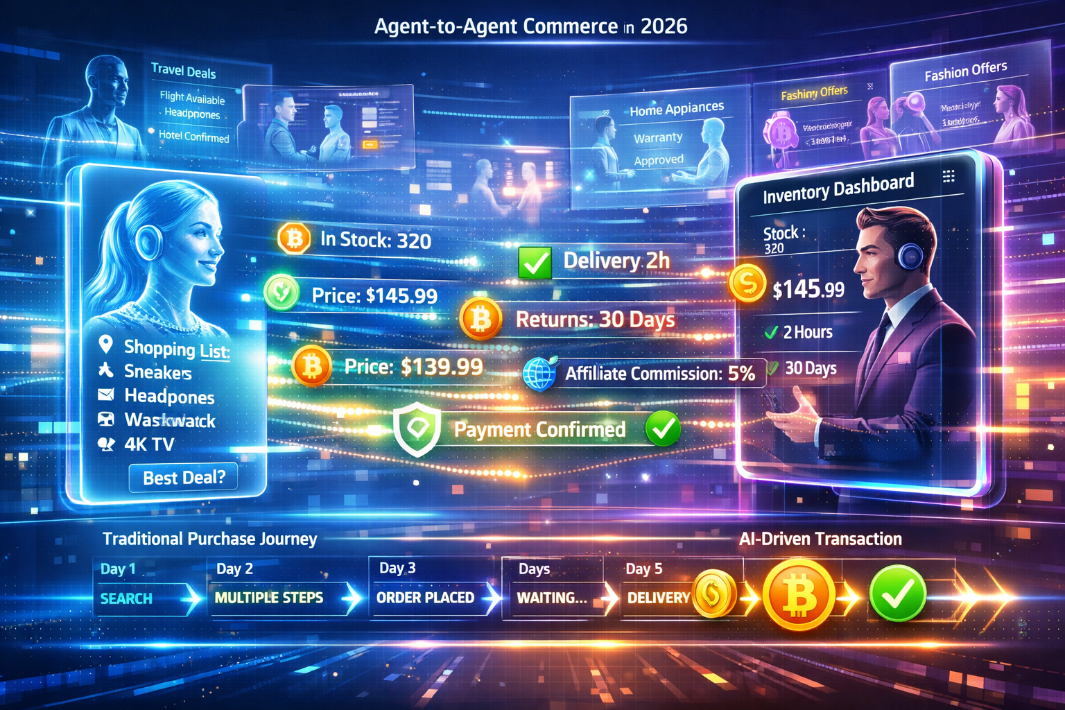 Detailed landscape format (1536x1024) image illustrating agent-to-agent commerce ecosystem in 2026. Central focus shows two AI agents commun