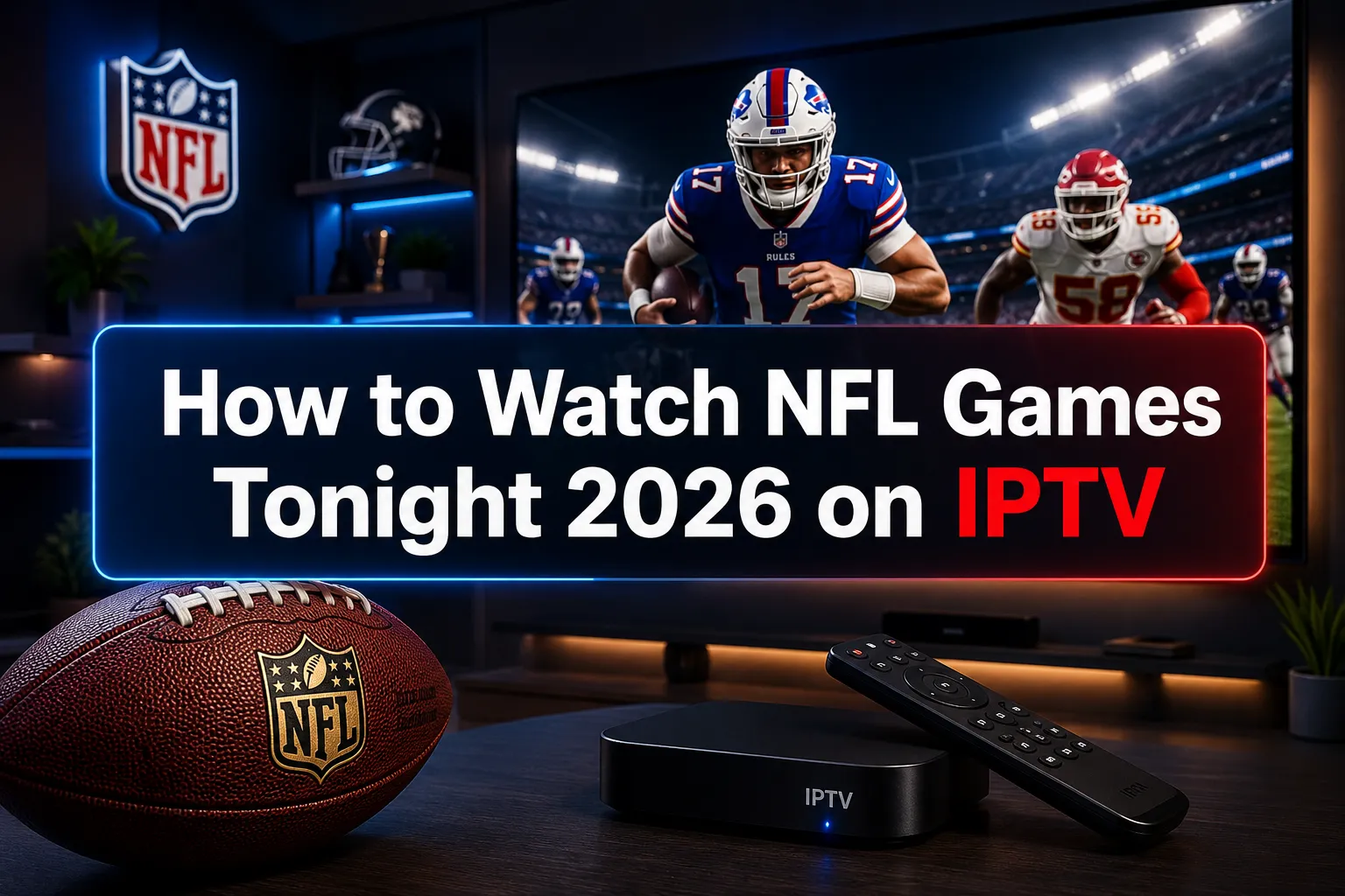 A reading "How to Watch NFL Games Tonight 2026 on…". CRITICAL TYPOGRAPHY RULES: render the text on 1–2 lines, centered, with