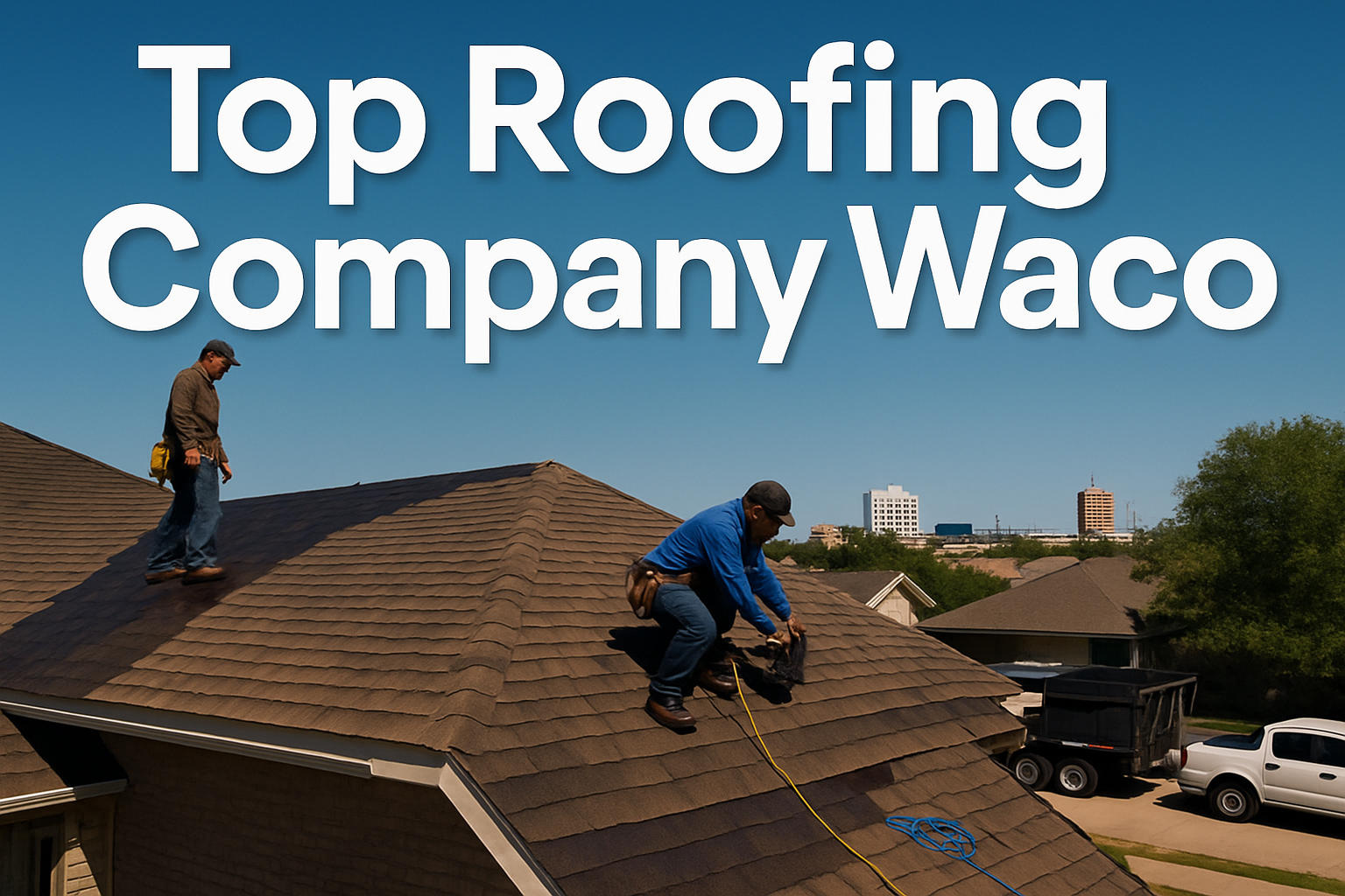 Professional landscape hero image (1536x1024) featuring bold text overlay 'Top Roofing Company Waco' in extra large 72pt white sans-serif fo