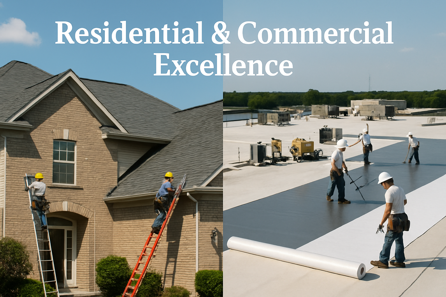 Detailed landscape image (1536x1024) showing split-screen comparison of residential and commercial roofing services in Waco. Left side: beau