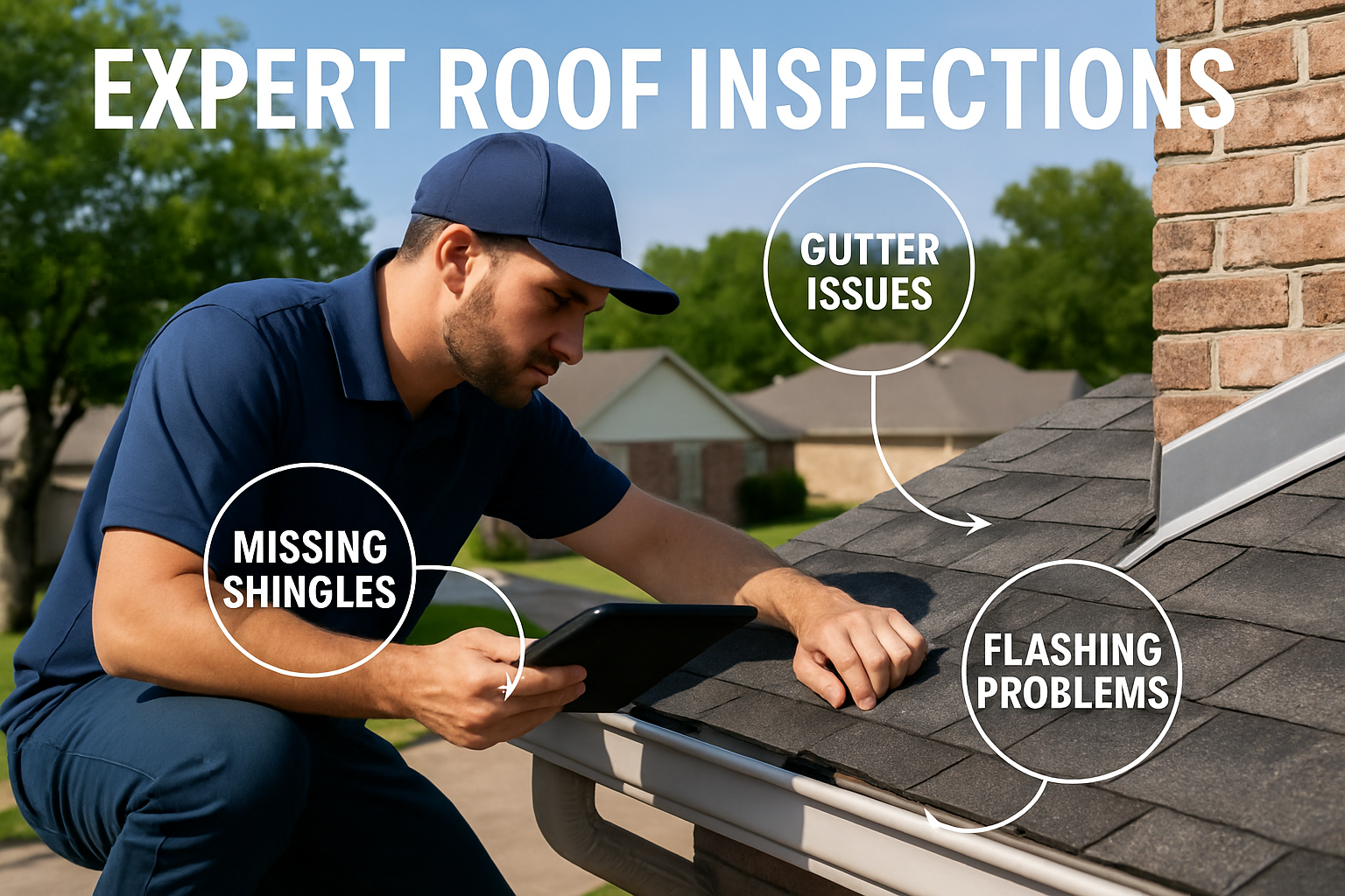Professional landscape image (1536x1024) depicting comprehensive roof inspection process in Waco. Close-up shots of inspector examining shin