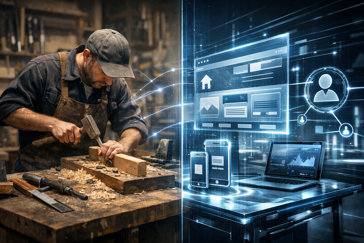 no text on the images. Section about why craftsmen need a professional website in 2026: Futuristic split-screen composition showing traditio