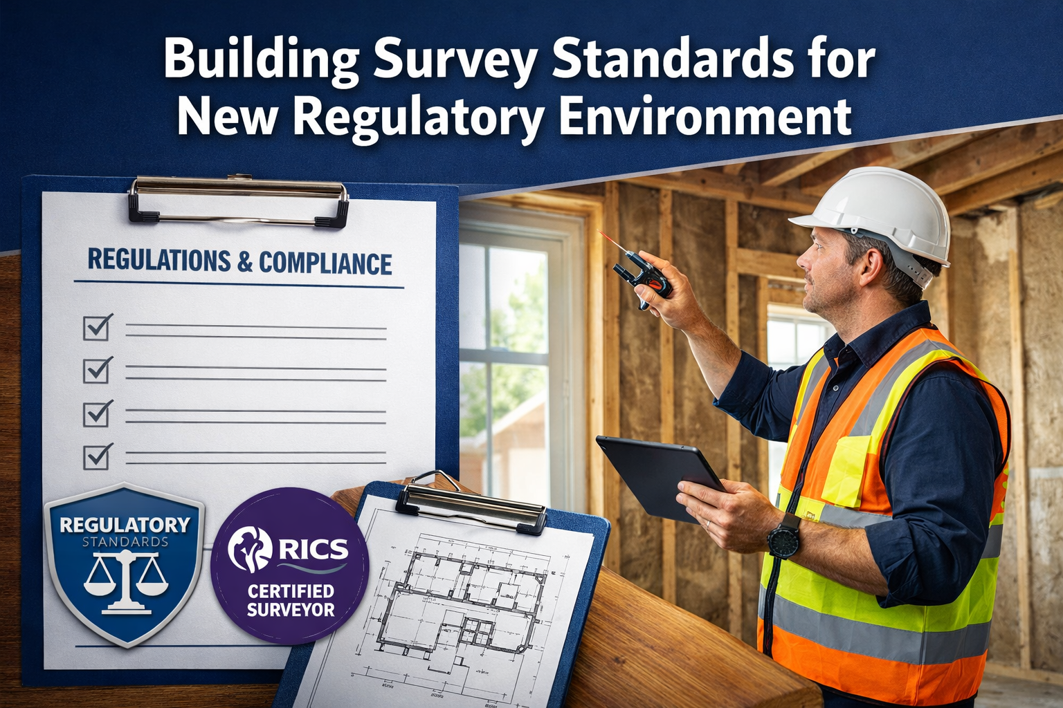 Professional () hero image with 'Building Survey Standards for New Regulatory Environment' in extra large white with dark
