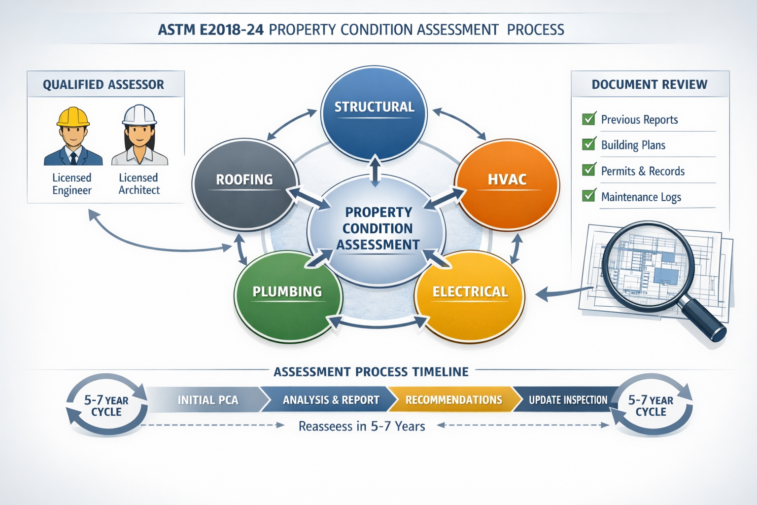 () detailed infographic showing ASTM E2018-24 standard framework with visual flowchart of property condition assessment
