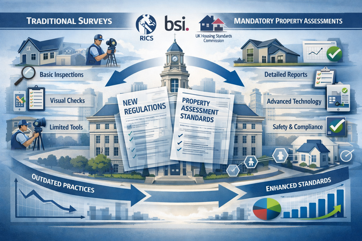 A detailed architectural visualization depicting the evolving UK regulatory landscape for building surveys, featuring a