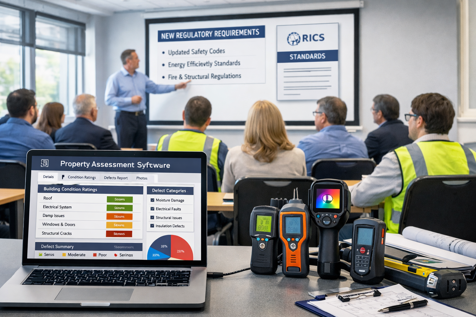 () professional training and preparation scene showing building surveyors in classroom setting attending regulatory