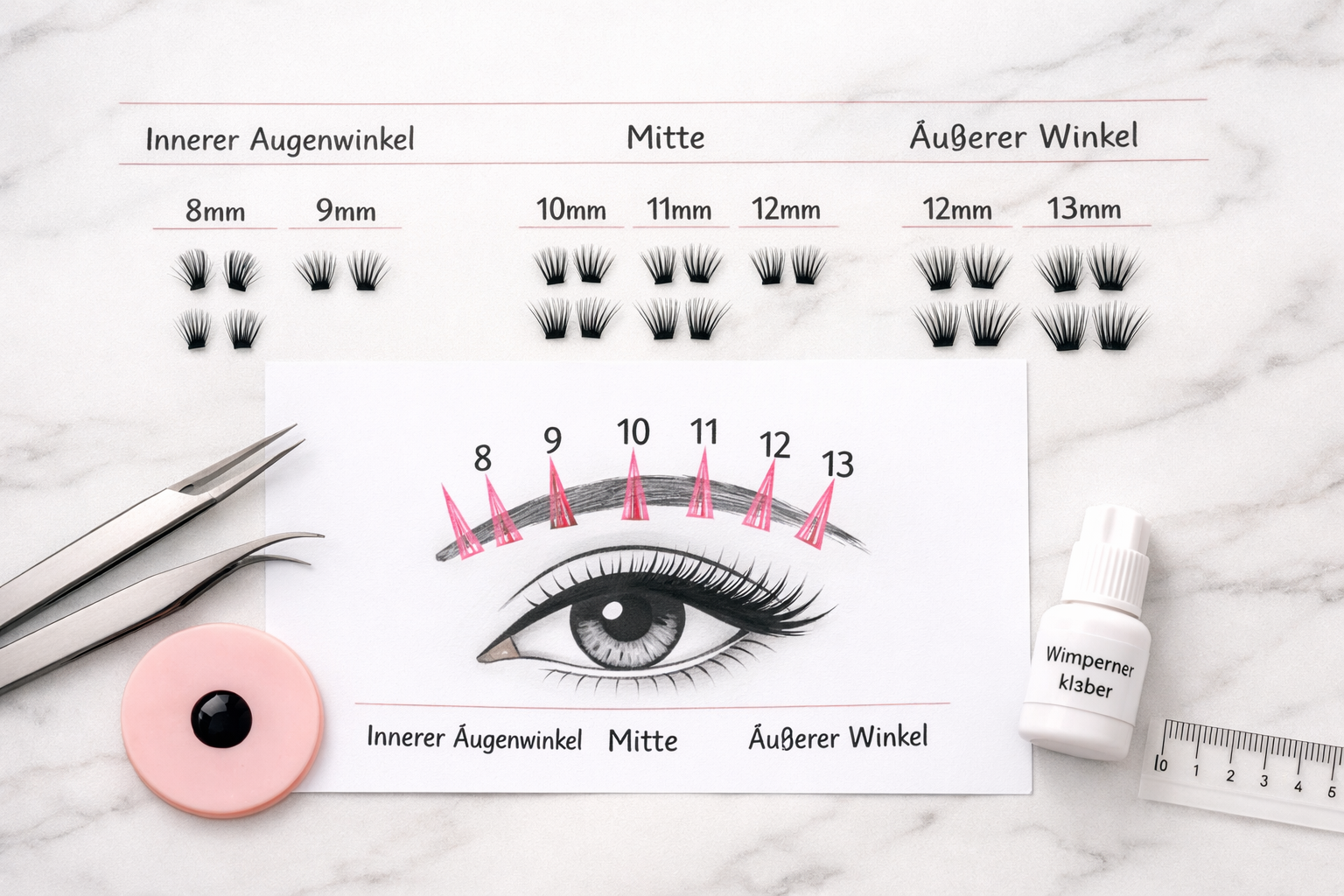 Detailed () flat-lay style image showing lash mapping guide from bird's eye view on a clean white marble surface. Multiple