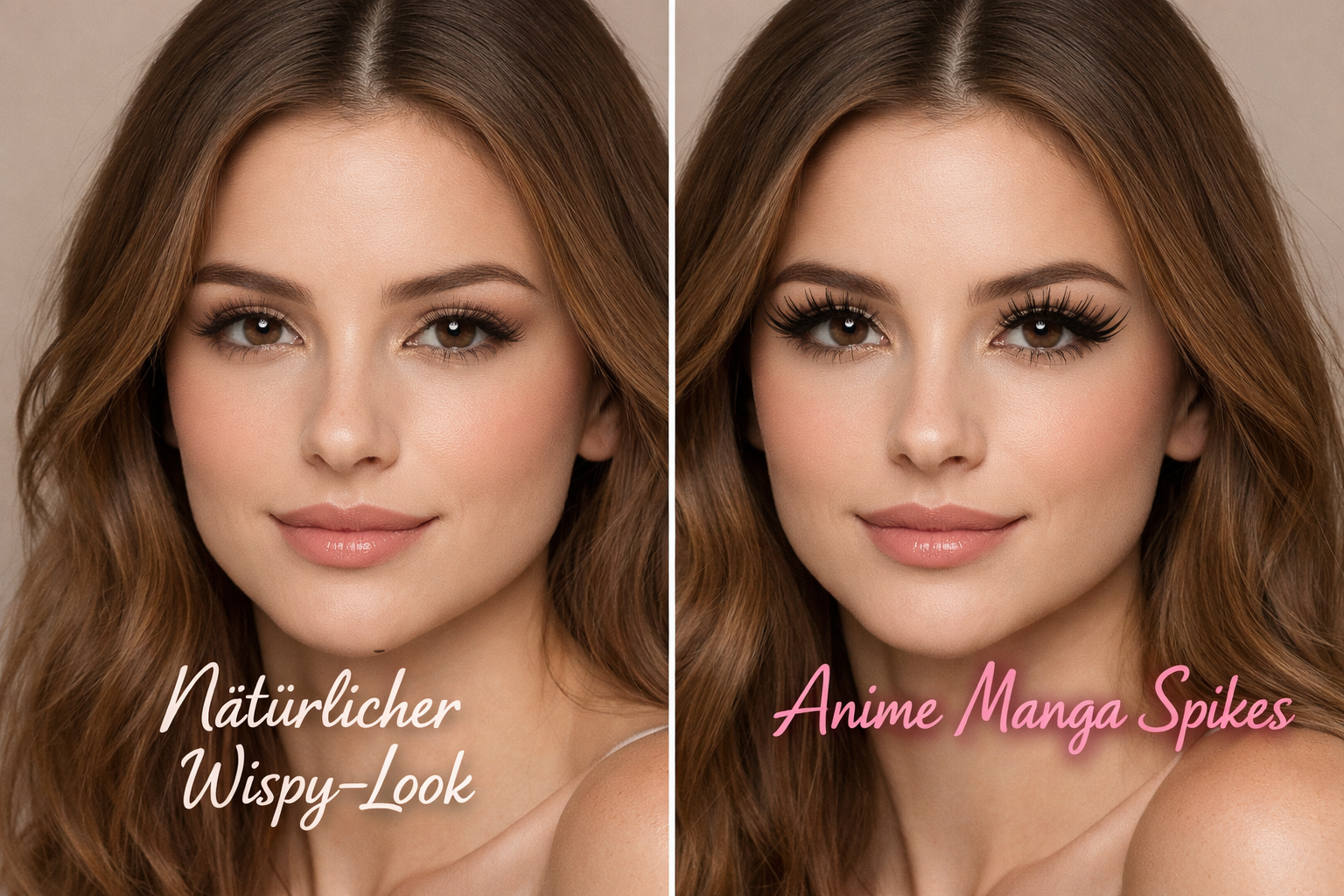 Detailed () split-screen comparison image. Left side shows a woman with natural wispy hybrid lash extensions labeled