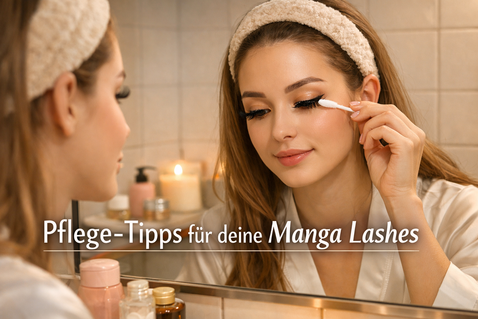 Detailed () lifestyle image of a woman in her late 20s gently cleansing her anime-style lash extensions with a soft spoolie