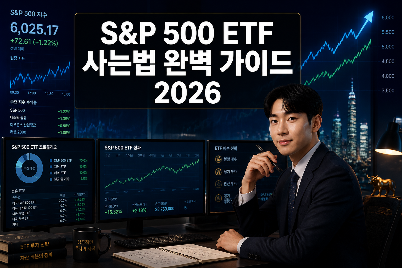 Professional () hero image with Korean 'S&P 500 ETF 사는법 완벽 가이드 2026' in extra large white with dark semi-transparent