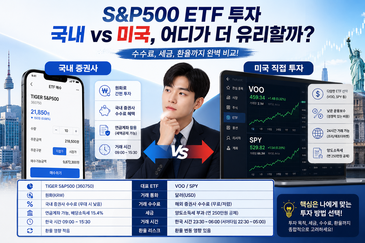 () infographic-style image showing two pathways: left side labeled '국내 증권사' with Korean brokerage app interface showing