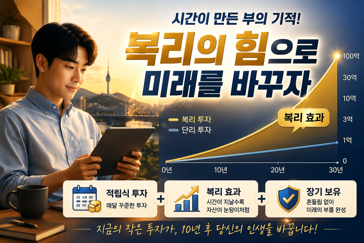 () long-term investment growth concept image showing compound interest curve graph over 20-30 years with Korean labels '복리