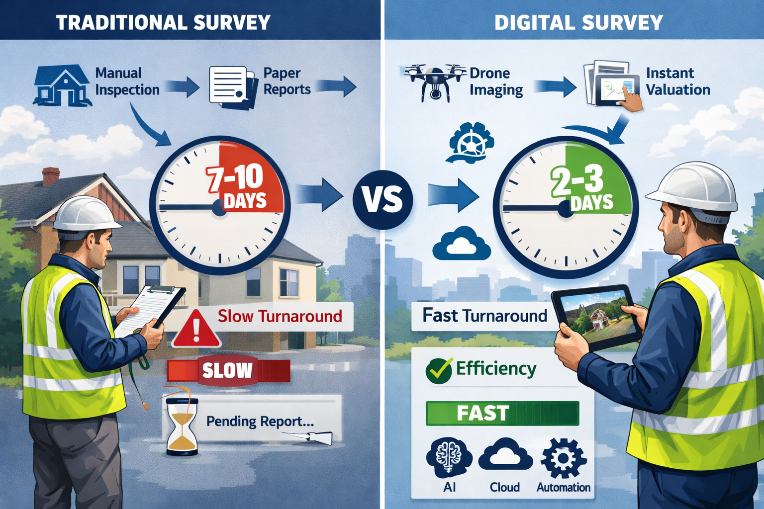 Detailed () conceptual split-screen composition showing traditional vs. modern surveyor workflows. Left side: chartered