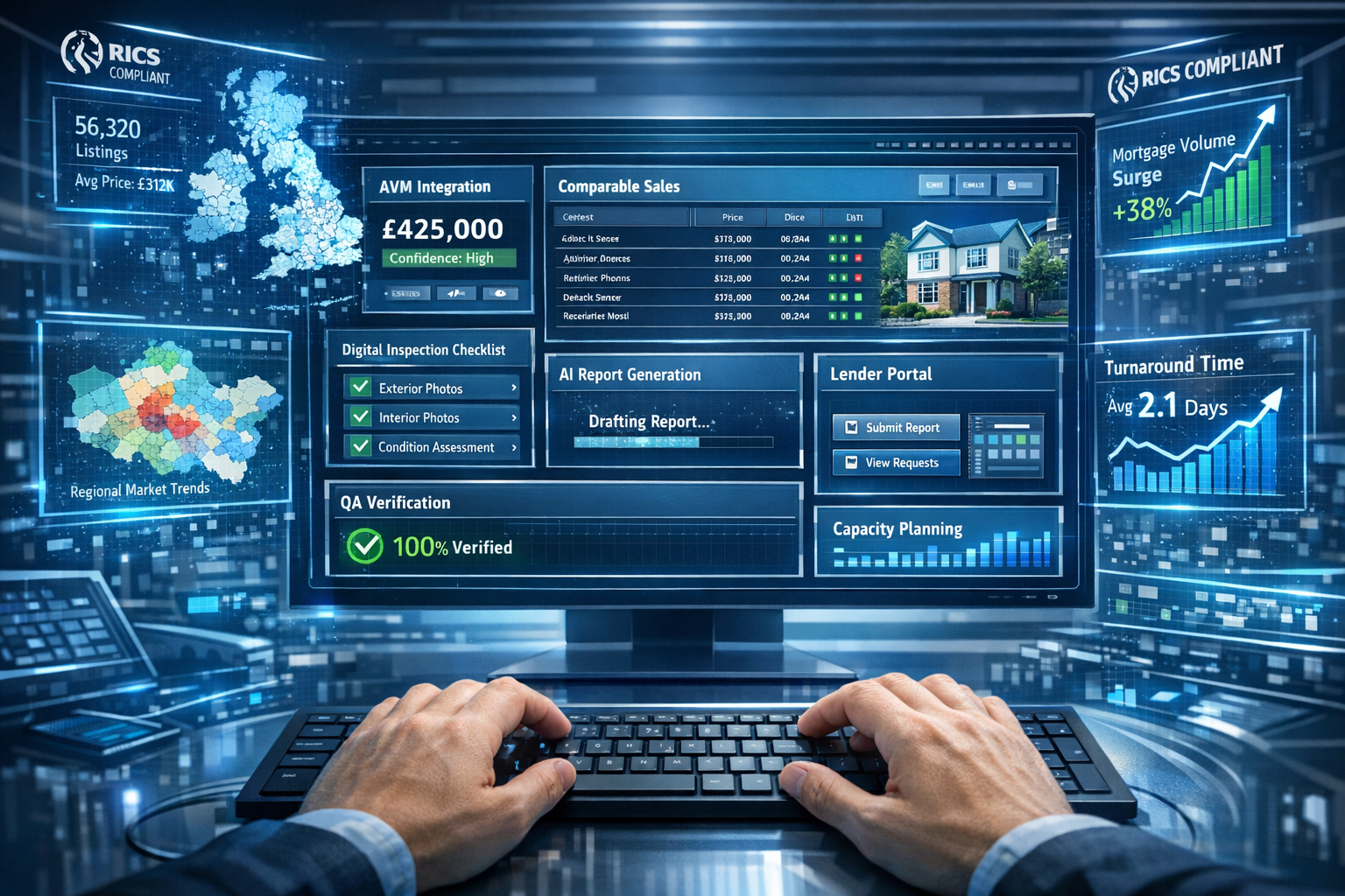 Detailed () futuristic technology dashboard visualization showing integrated surveyor workflow system. Large central screen