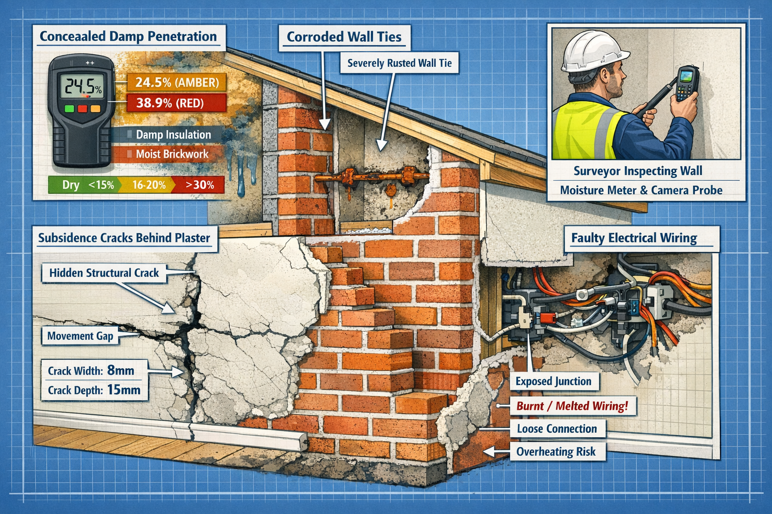 () detailed cutaway technical illustration showing cross-section of residential property wall with multiple latent defects
