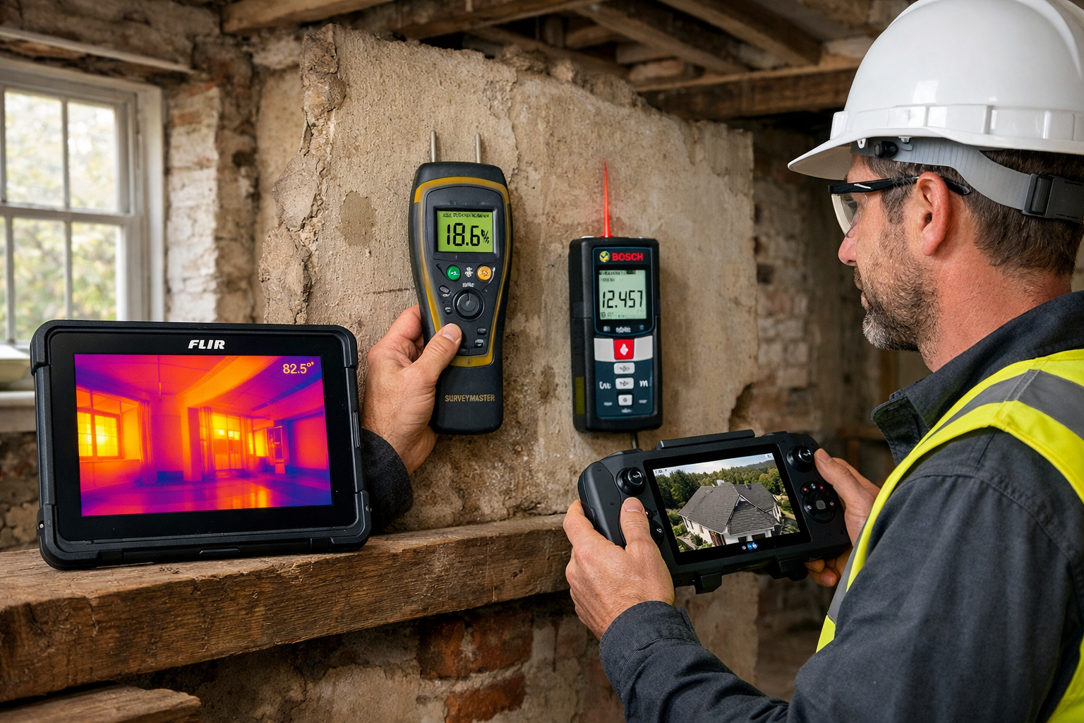 () modern surveyor conducting advanced property inspection using multiple detection technologies: thermal imaging camera