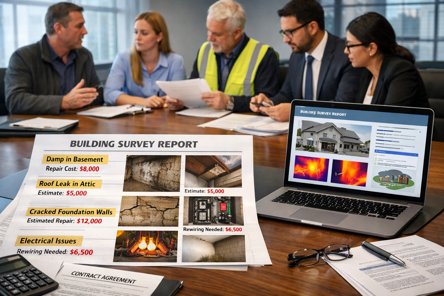 () professional office scene showing property transaction negotiation with survey report as central focus. Large detailed