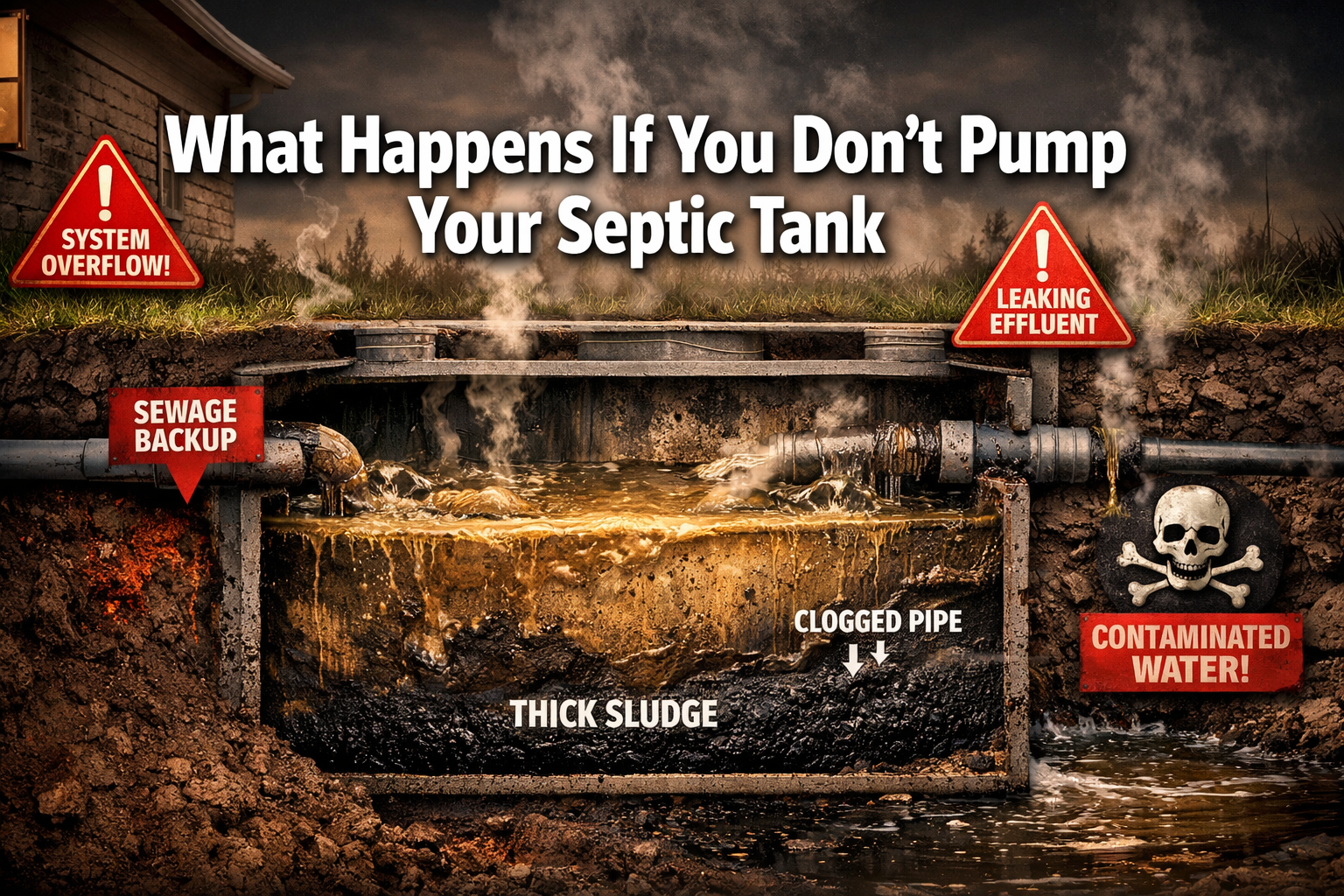 Professional landscape format (1536x1024) hero image with bold text overlay 'What Happens If You Don't Pump Your Septic Tank' in extra large