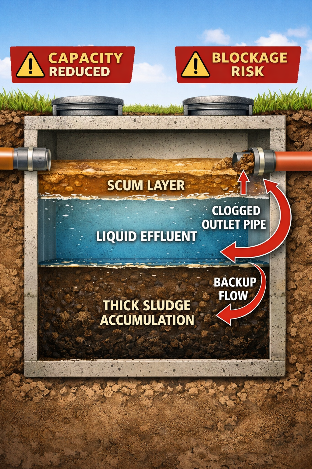 Portrait format (1024x1536) infographic showing septic tank cross-section with three layers clearly labeled: scum layer at top, liquid efflu