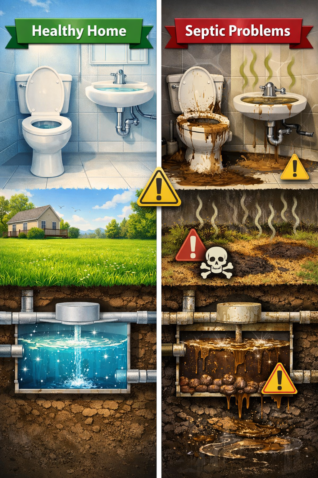 Portrait format (1024x1536) split-screen illustration showing healthy home on left versus home with septic problems on right. Left side show