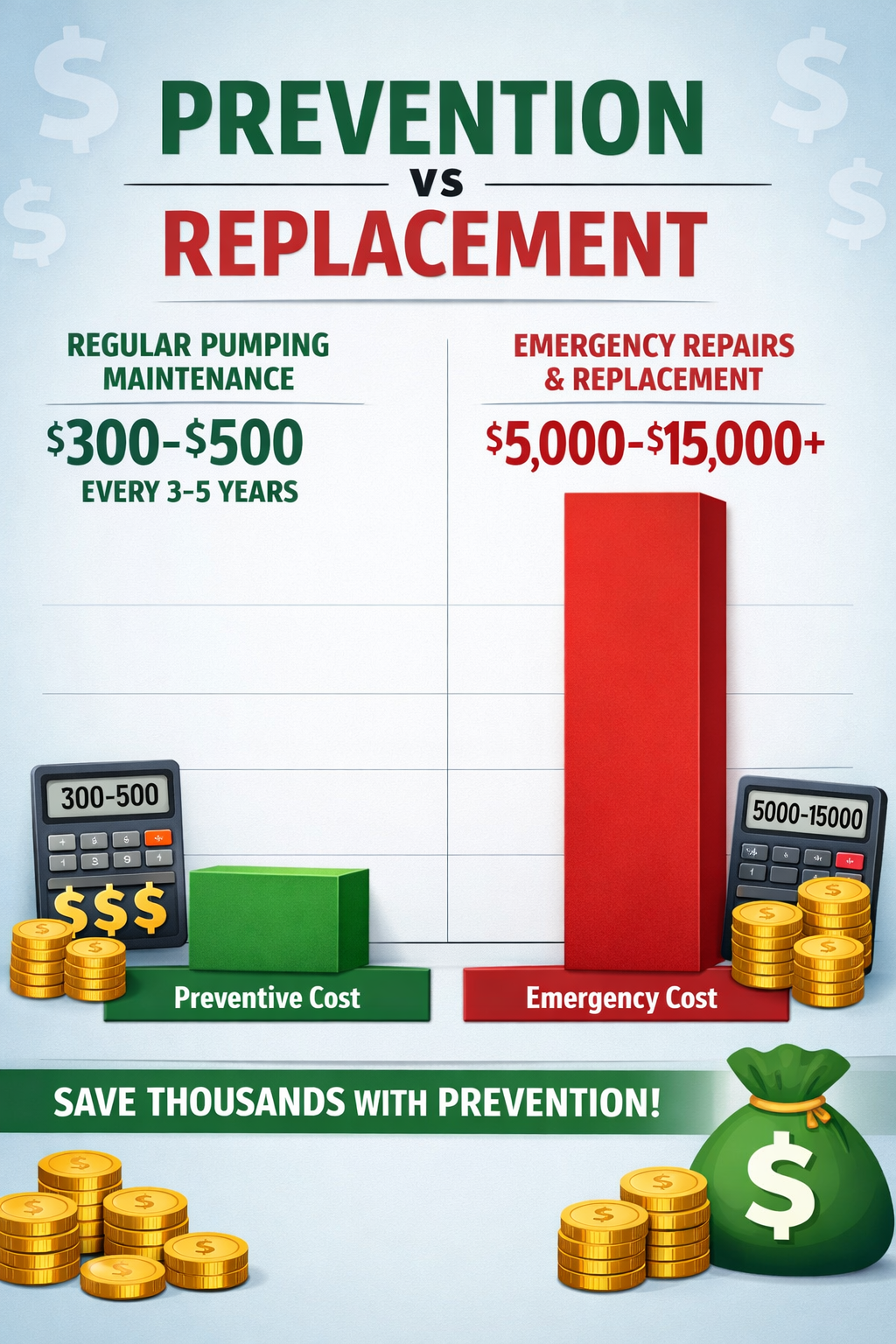 Portrait format (1024x1536) cost comparison chart showing regular pumping maintenance ($300-500 every 3-5 years) versus emergency repairs an