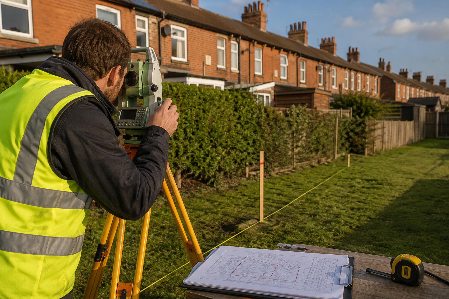 Detailed () showing a professional land surveyor in high-visibility vest using a total station theodolite instrument on a