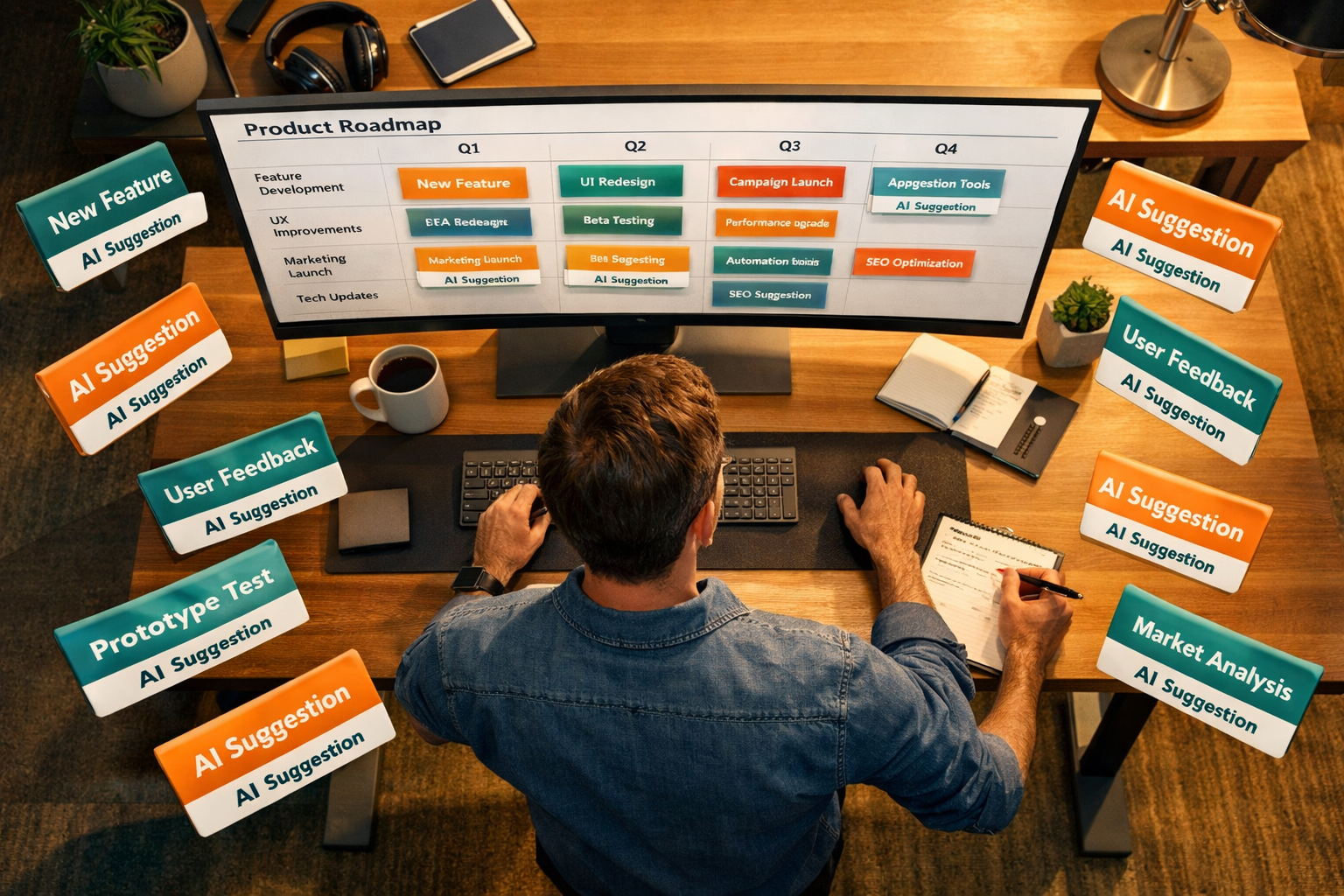 Landscape format (1536x1024) illustration showing a product manager at a standing desk reviewing an AI-generated product roadmap on a widescreen monitor, colorful Kanban-style cards floating in 3D space with AI suggestion labels, warm office lighting, overhead bird's-eye perspective, teal and amber color palette, clean modern workspace, photorealistic editorial style 