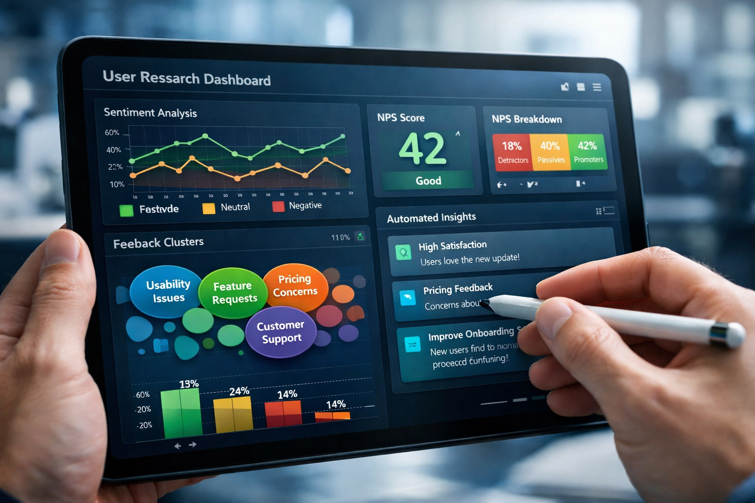 Landscape format (1536x1024) close-up macro shot of a tablet screen displaying an AI-powered user research dashboard with sentiment analysis graphs, color-coded customer feedback clusters, NPS score widgets, and automated insight cards, human hand holding stylus in foreground, blurred office background, cool blue and green data visualization palette, photorealistic editorial style 