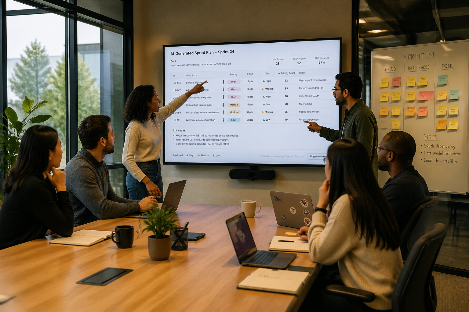 Landscape format (1536x1024) wide-angle view of a product team in a glass-walled conference room gathered around a central screen showing an AI-generated sprint plan with risk flags and priority scores, diverse team members pointing at screen, whiteboard with sticky notes visible in background, natural daylight, warm professional color grading, candid editorial photography style 