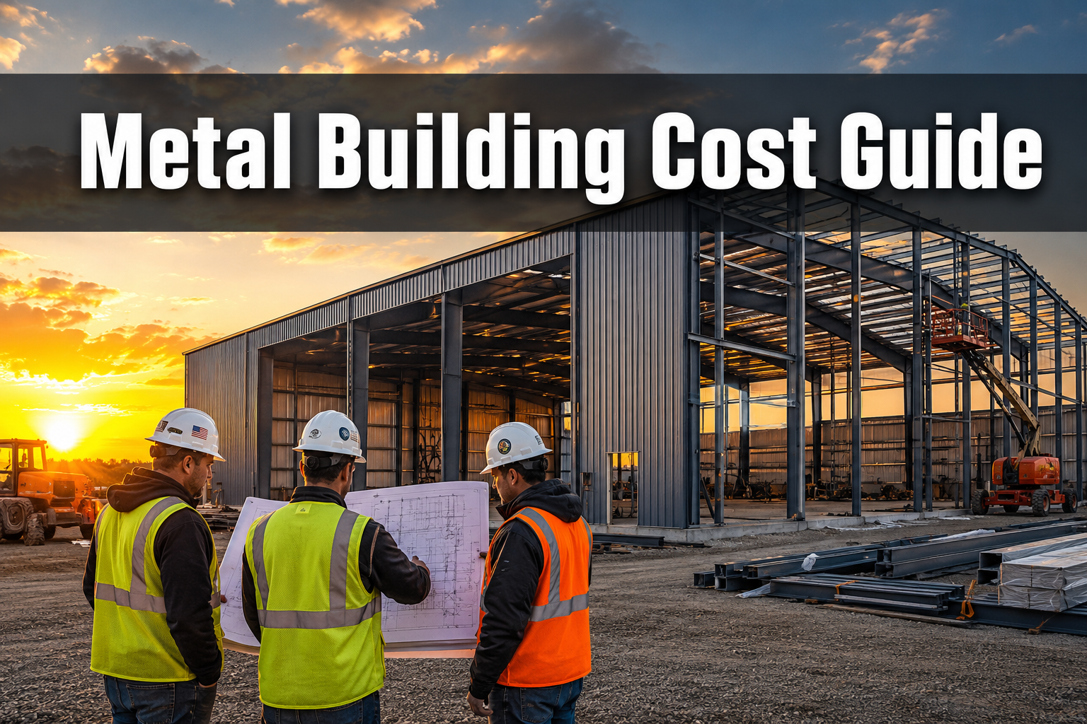 Professional () hero image with 'Metal Building Cost Guide' in extra large white with dark drop , centered in upper third of