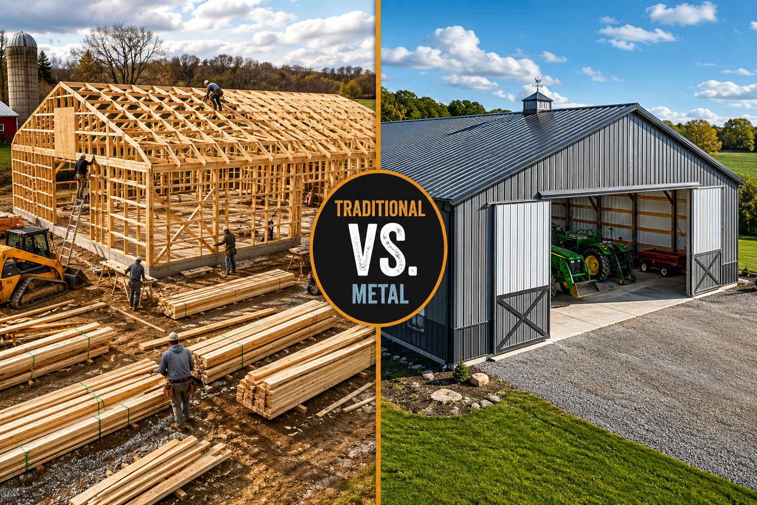 Detailed () split-scene comparison image. Left half shows a traditional wood-frame barn construction site with lumber stacks
