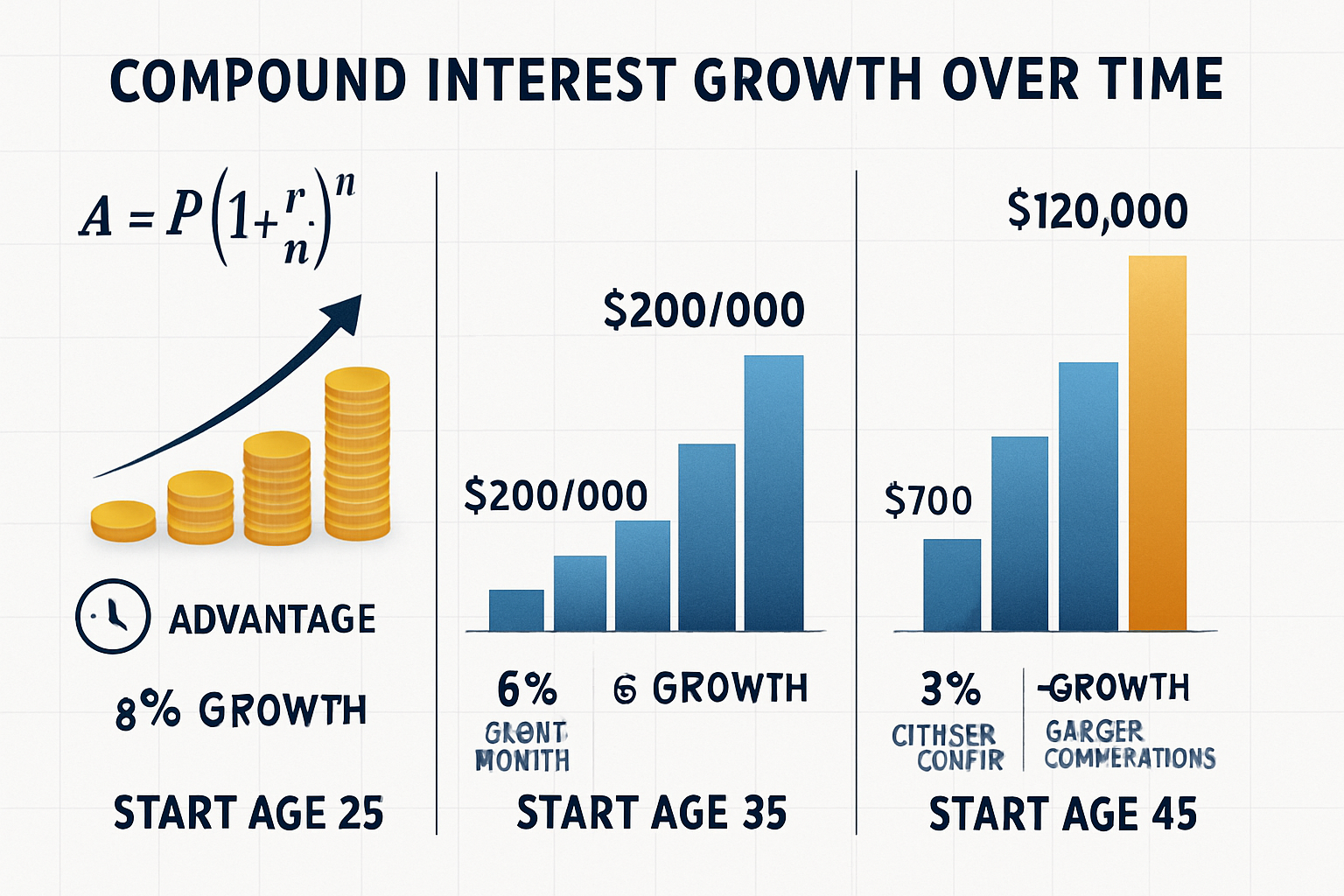 Detailed infographic illustration (1536x1024) showing compound interest growth over time with three age-based scenarios for retirement plann